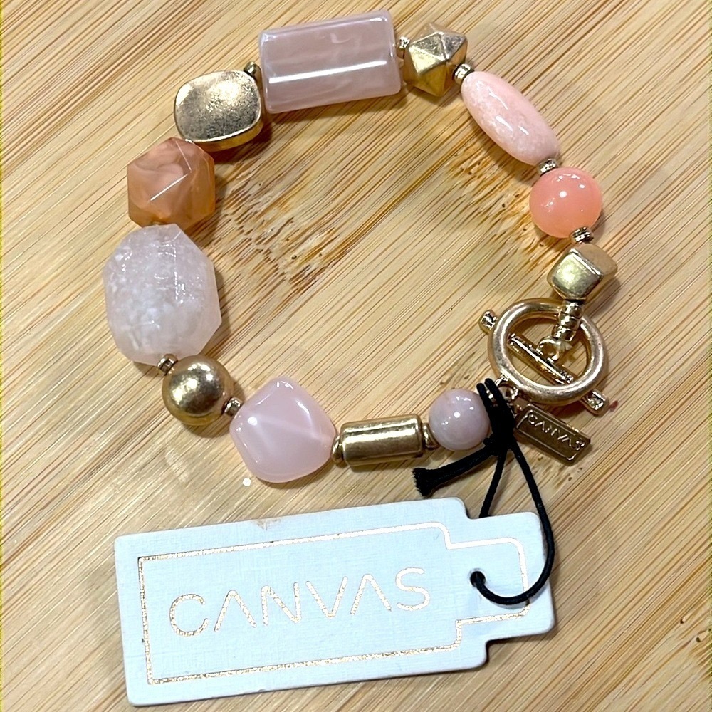 Brand New Canvas Antique Gold Tone Peach Pale Pink Charm Bracelet Beaded Stretch